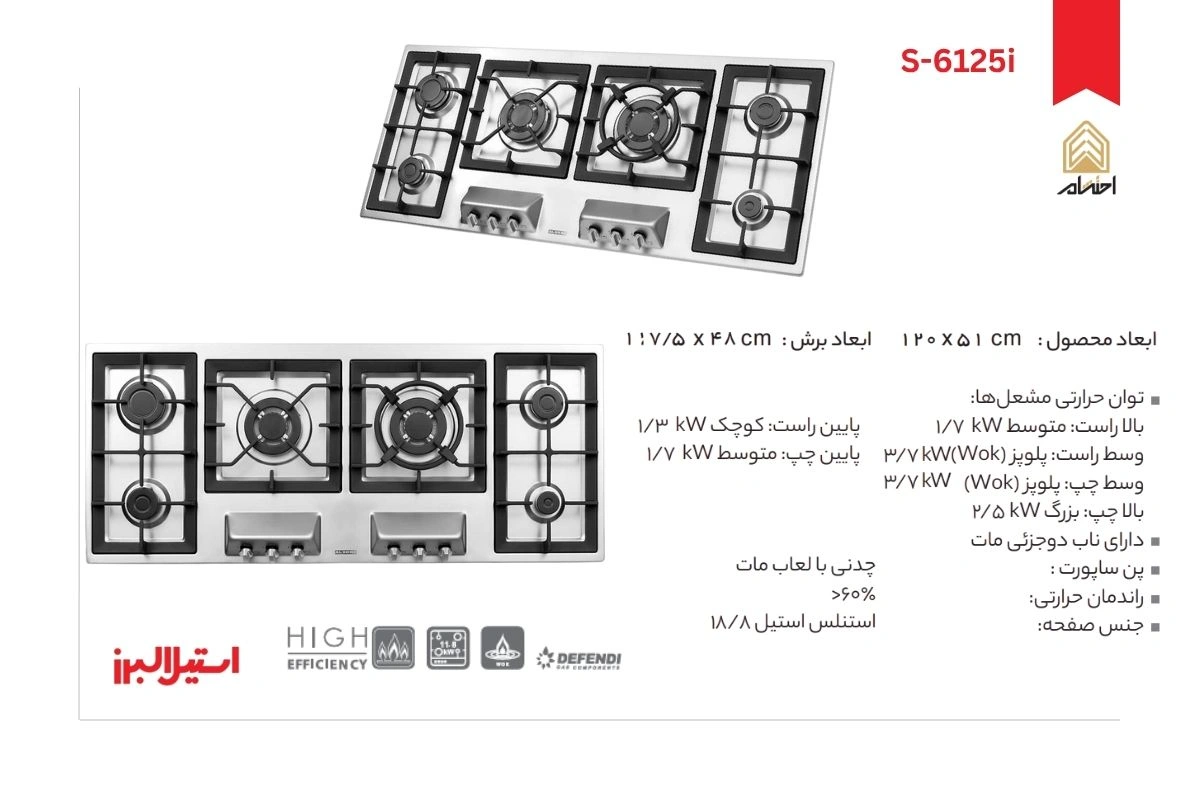 اجاق گاز رومیزی شش شعله مدل S-6125i استیل البرز
