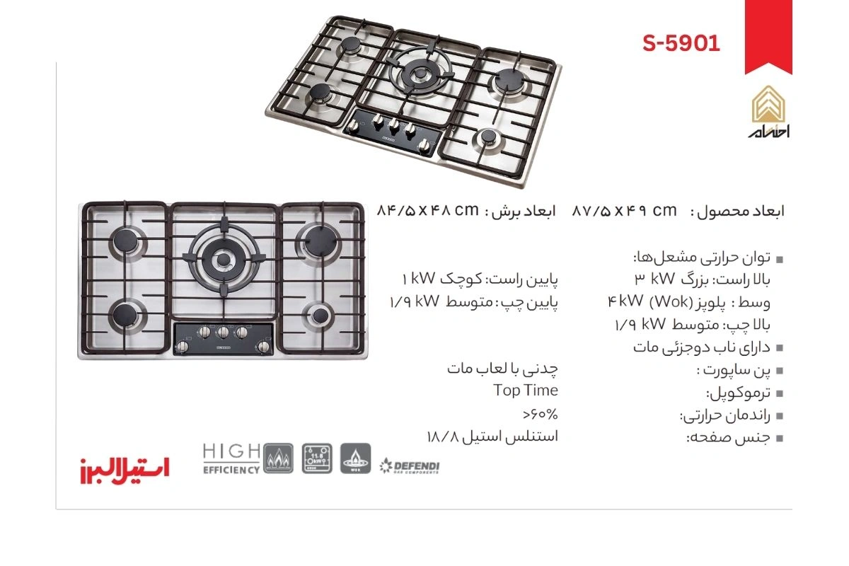 اجاق گاز رومیزی پنج شعله مدل S-5901 استیل البرز
