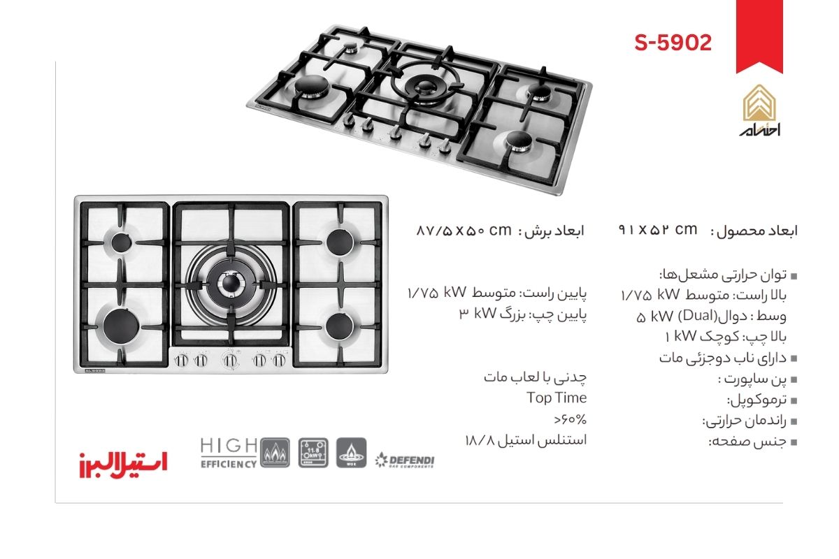 اجاق گاز رومیزی پنج شعله مدل S-5902 استیل البرز