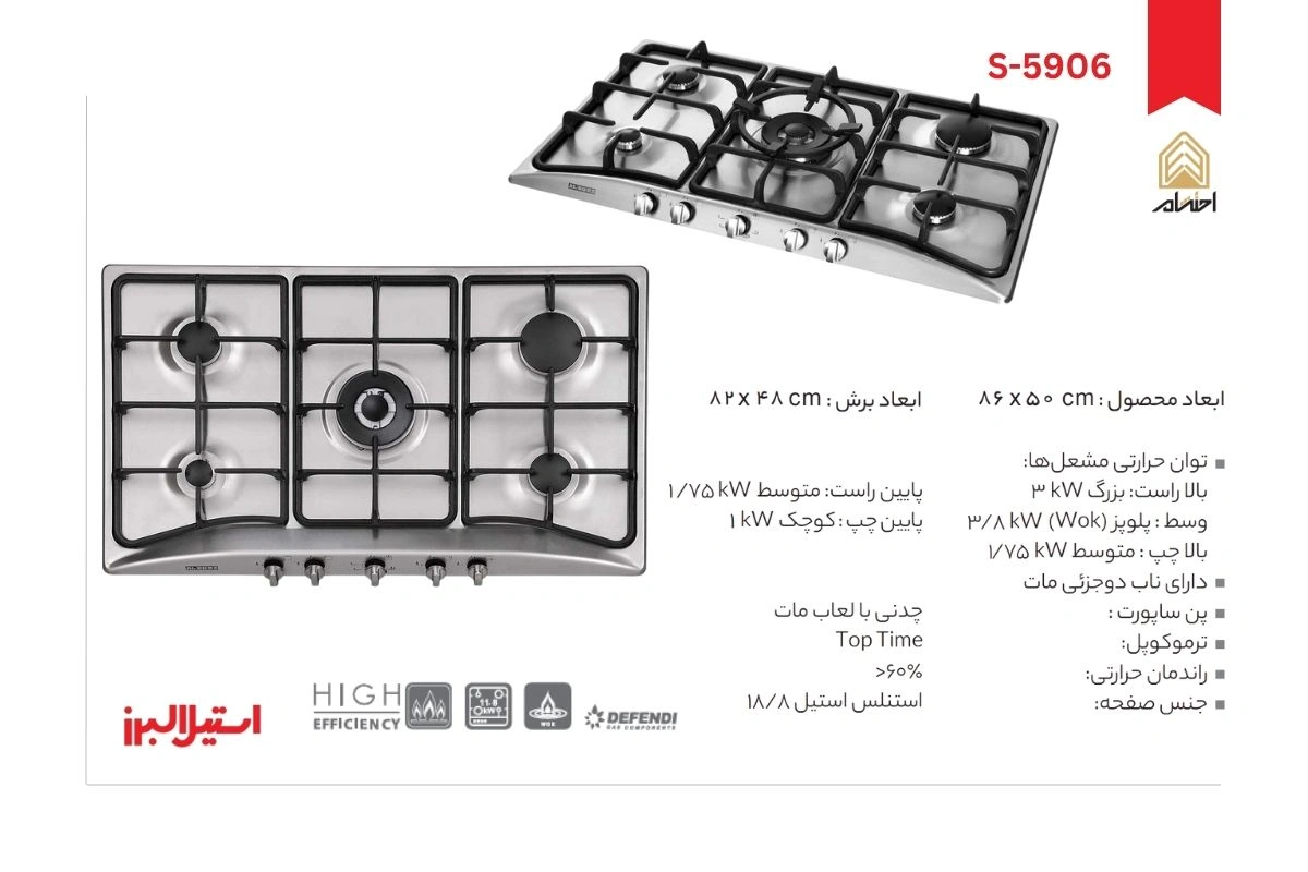 اجاق گاز رومیزی پنج شعله مدل S-5906 استیل البرز